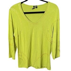 Venini Lime Green V-neck Blouse with Gold Metal Ring Accents - L